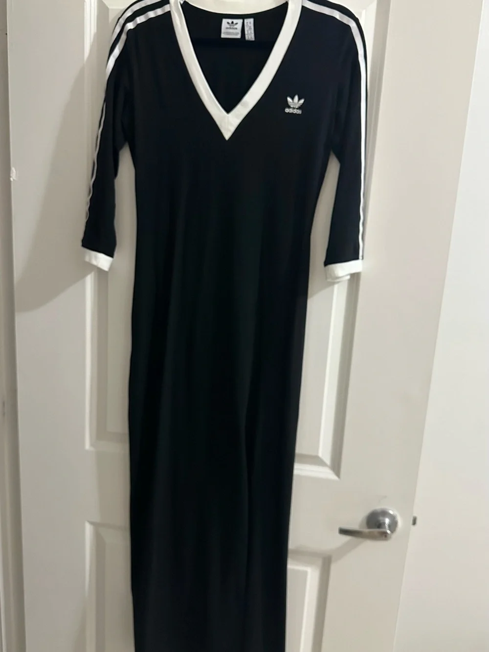 Adidas Women's Black V-Neck Maxi Dress with White Trim and side slit